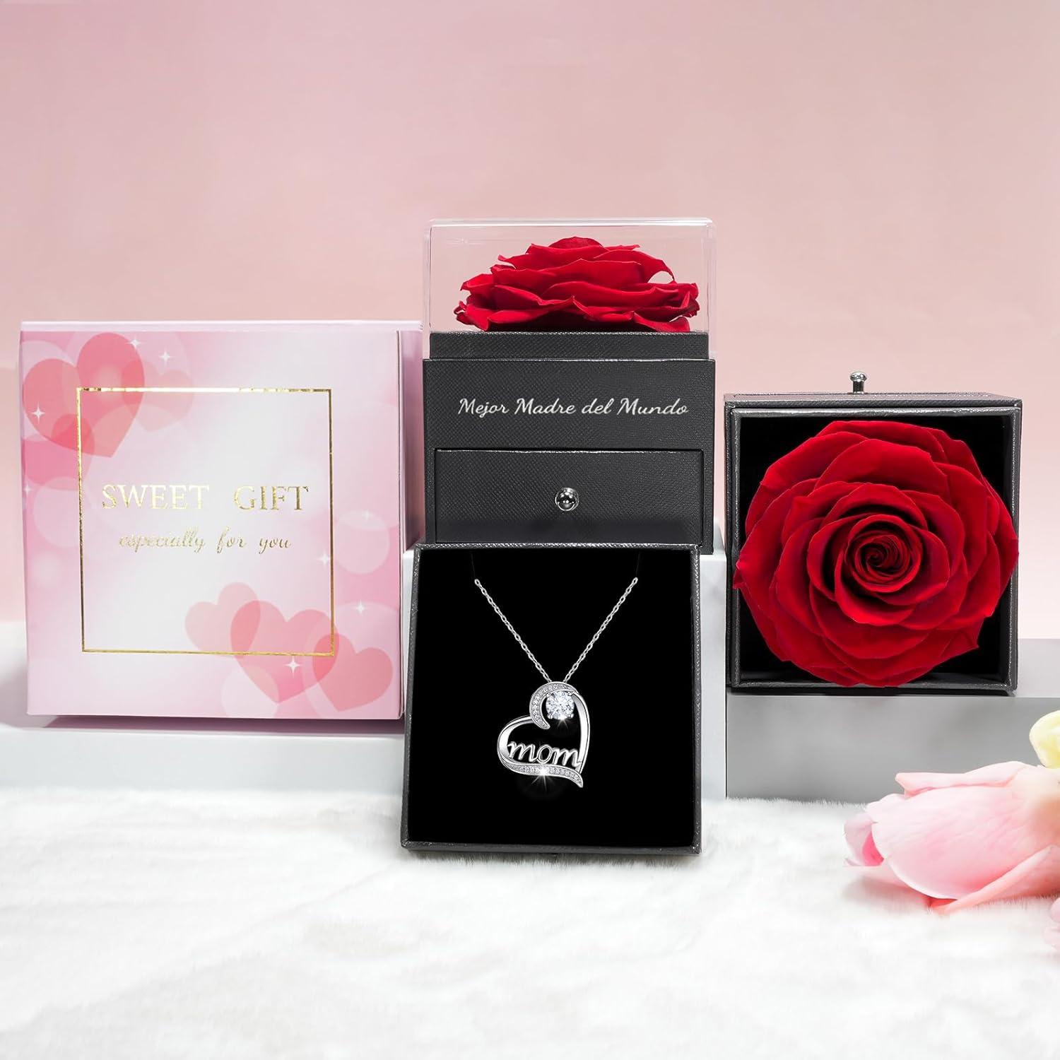 Sunia Ewige Rose Geschenk für Mama, Halskette Sterling Silber Rot