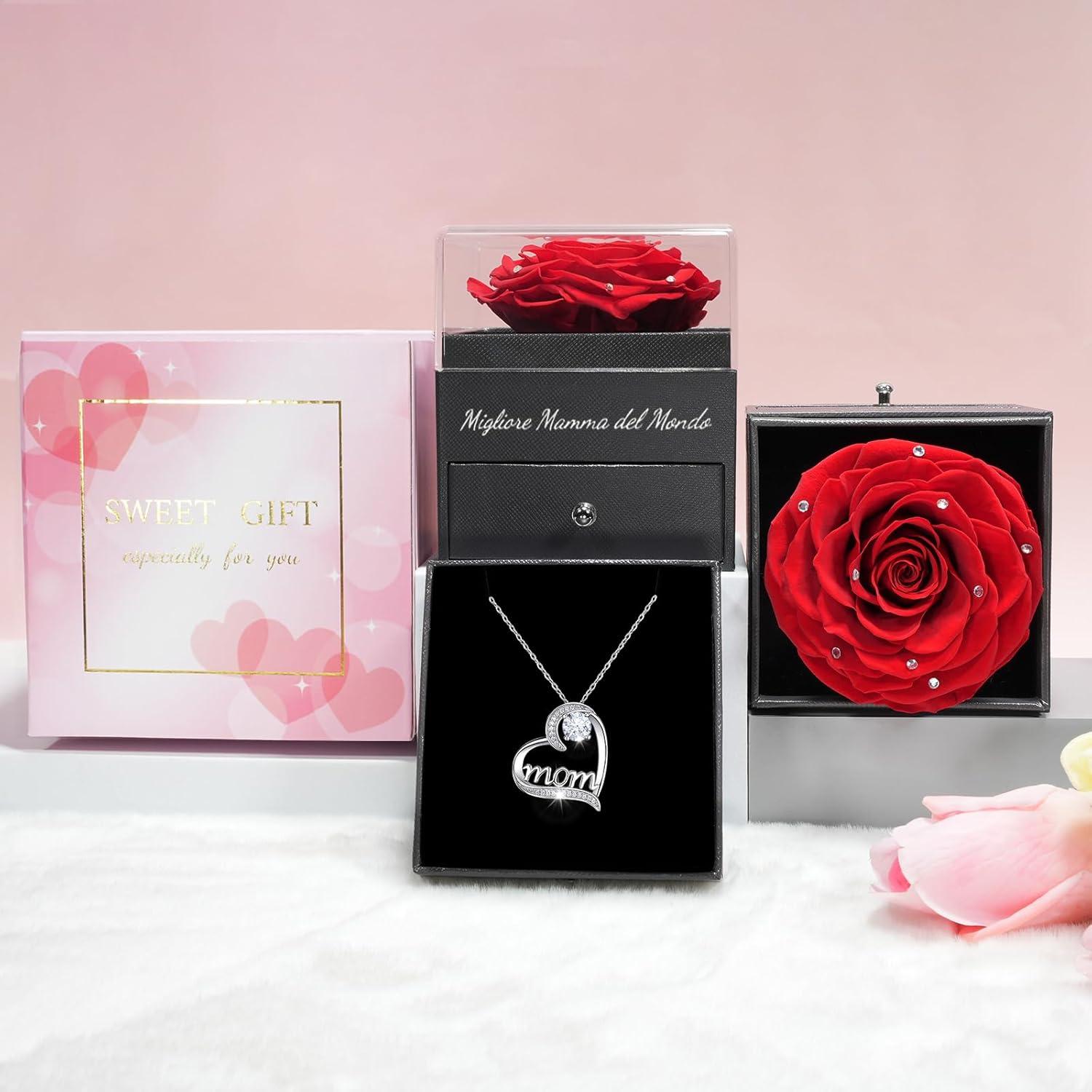 Sunia Ewige Rose Geschenkset für Mama 925 Silber Mom Halskette Rot