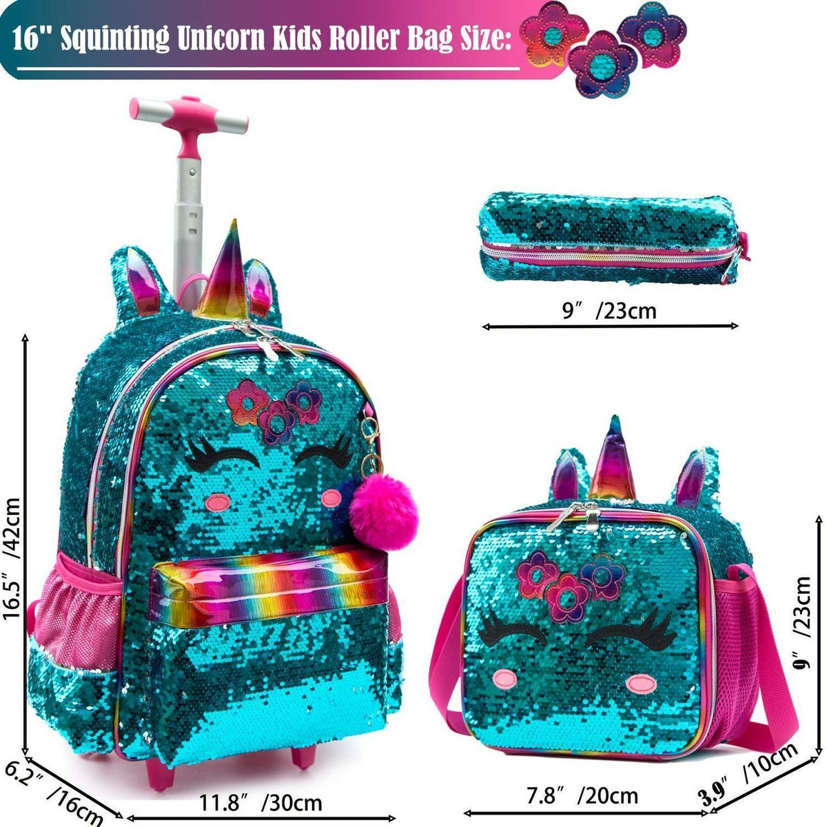 16" Rollrucksack Kinder Mädchen – 3er Set Grün