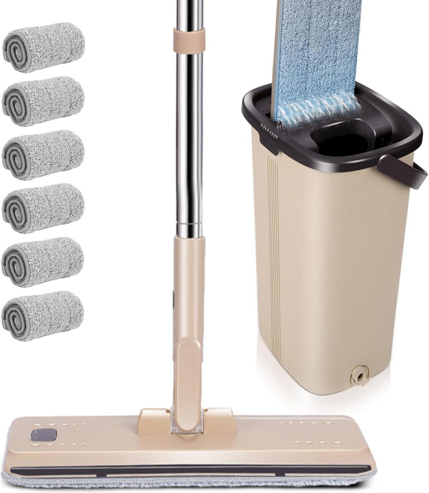 Bodenwischer Set mit Eimer und Mopp, Edelstahl Griff, 6 Wischpads