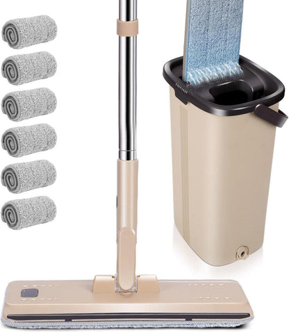 Bodenwischer Set mit Eimer und Mopp, Edelstahl Griff, 6 Wischpads