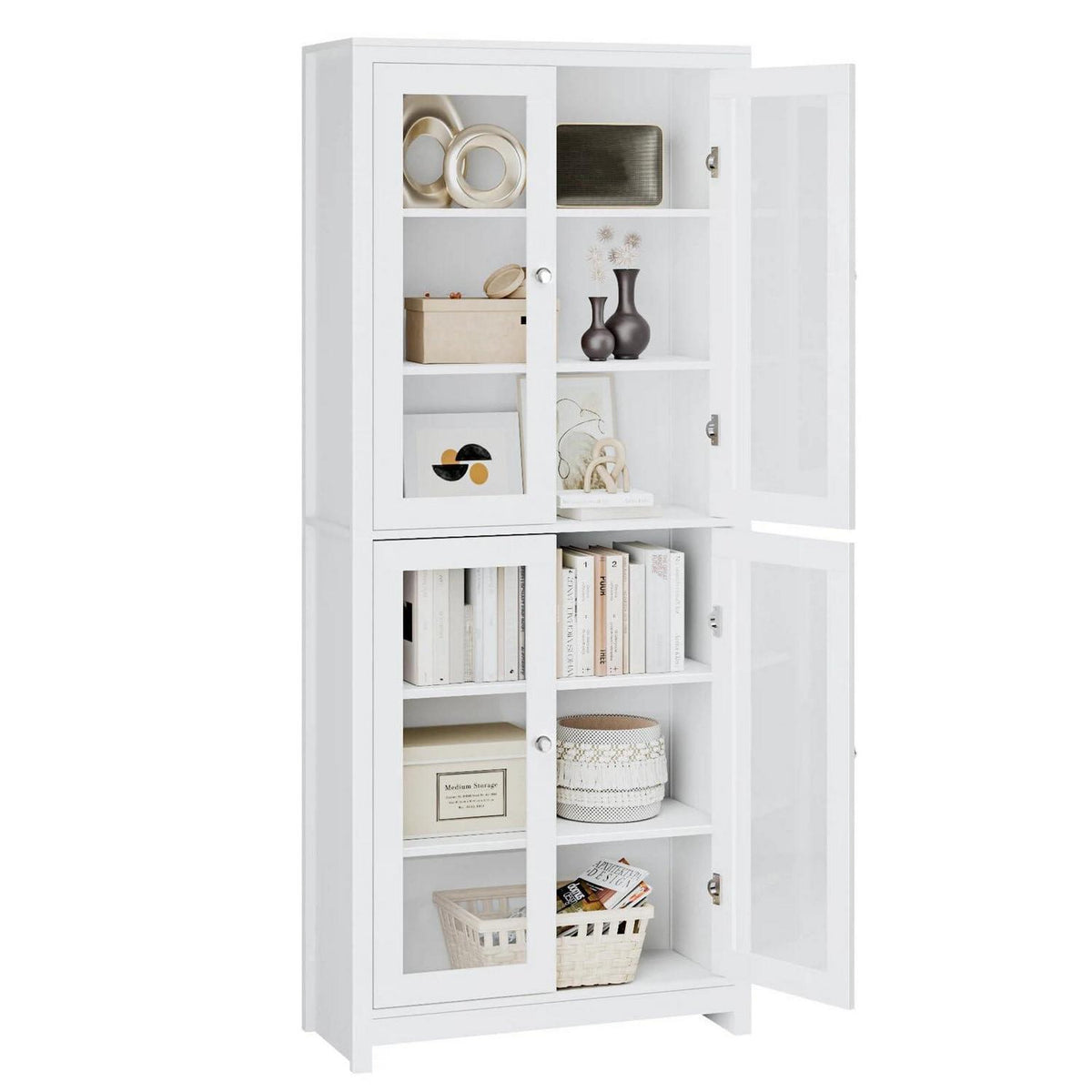 Vitrinenschrank 190 cm | Bücherregal mit 4 Glastüren & 6 Fächern, Weiß