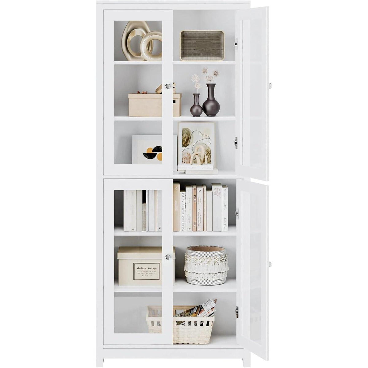 Vitrinenschrank 190 cm | Bücherregal mit 4 Glastüren & 6 Fächern, Weiß