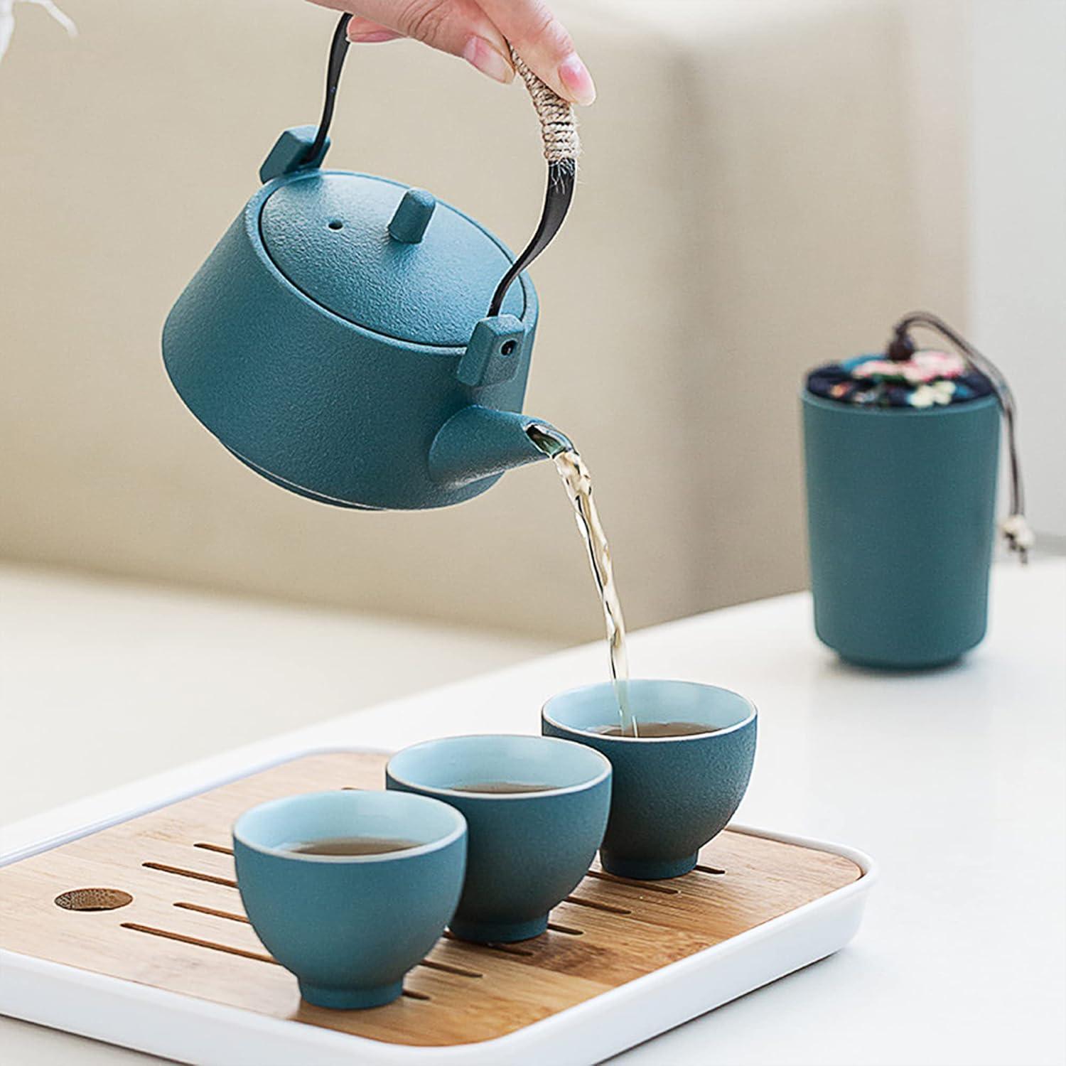 Japanisches Tee Set mit Teekanne, Teetassen, Reisetasche & Bambus Tablett