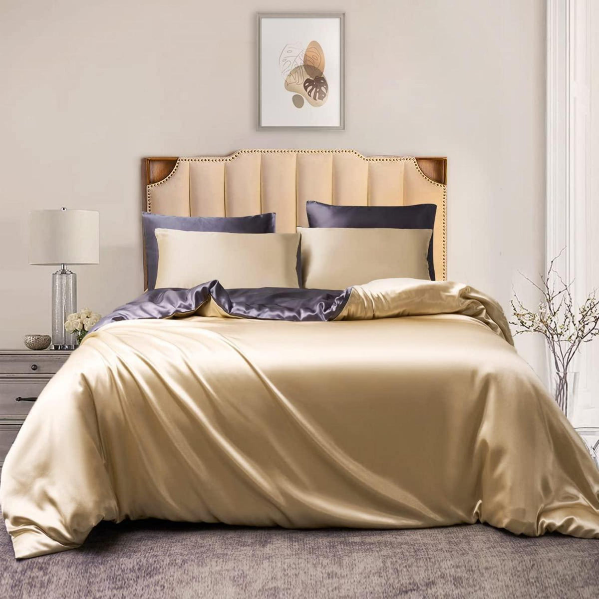 Damier Bettwäsche Set 135x200cm, Satin, Beige Grau