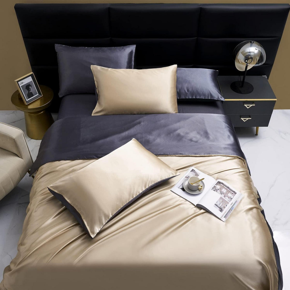 Damier Bettwäsche Set 135x200cm, Satin, Beige Grau