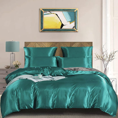 Satin Bettwäsche Set 135x200 cm Türkis Grau 4-teilig