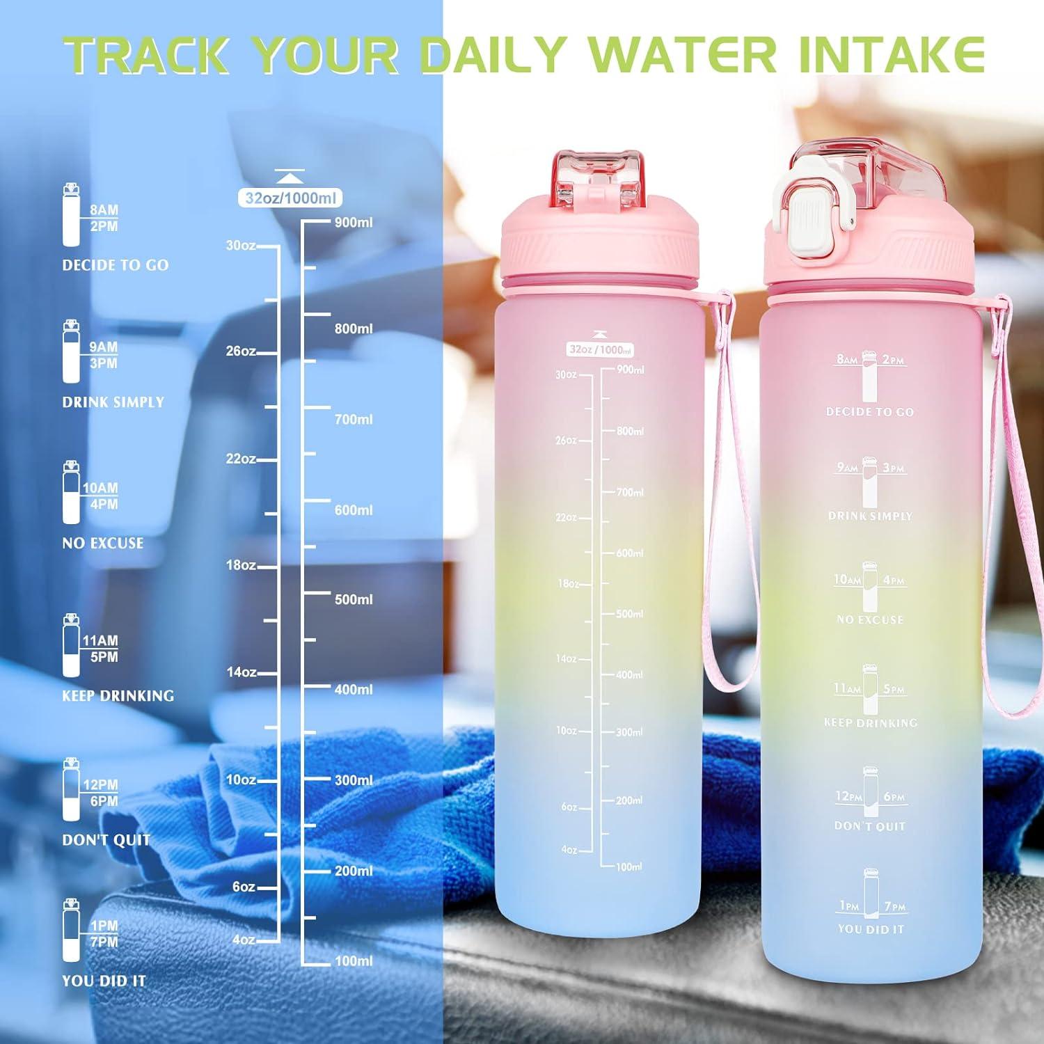 Trinkflasche 1L mit Strohhalm, Zeitmarkierung, BPA-frei, Sport, Fitness, Büro, Laufen