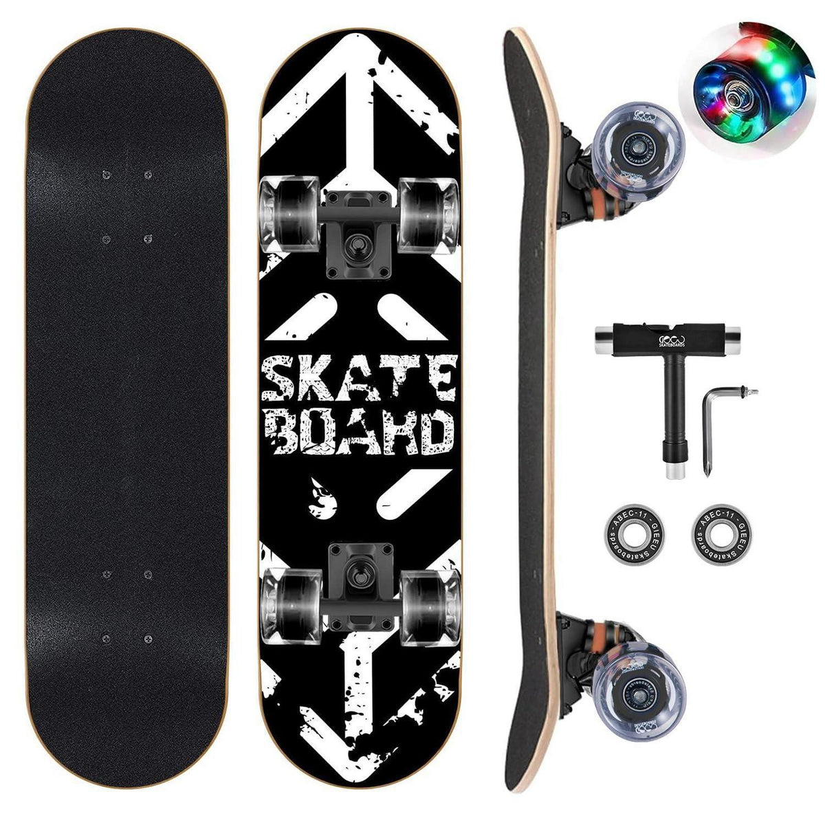Skateboard Komplett Set mit Blinkrädern – 9 Schichten Ahorn