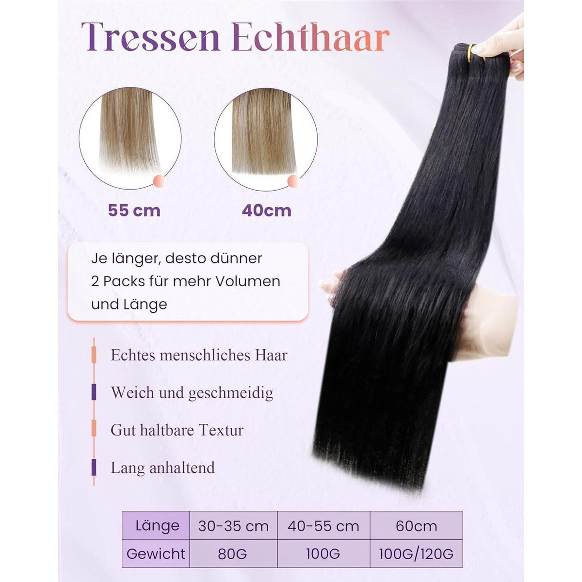 Echthaar Tressen 50cm – Weft Haarverlängerung 100g