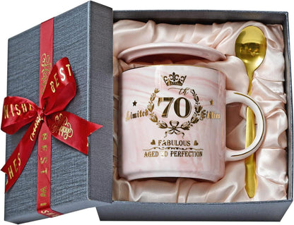 Keramikbecher 70. Geburtstag Frau Limited Edition Geschenkbox Gold