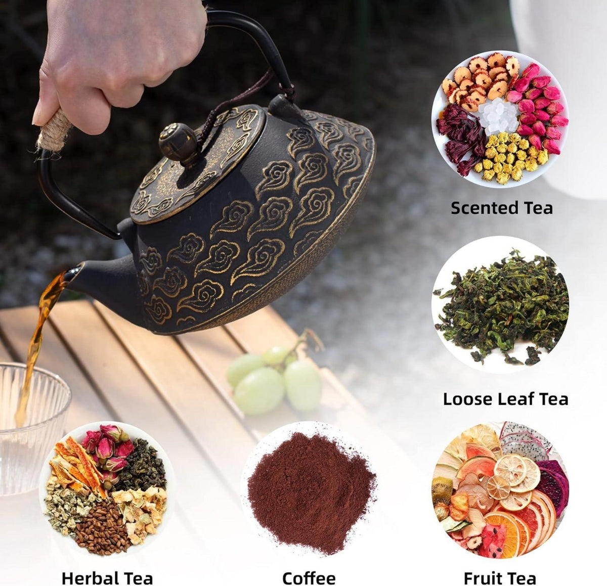 Japanische Gusseisen Teekanne mit Infuser 800ml für Herd, Schwarz