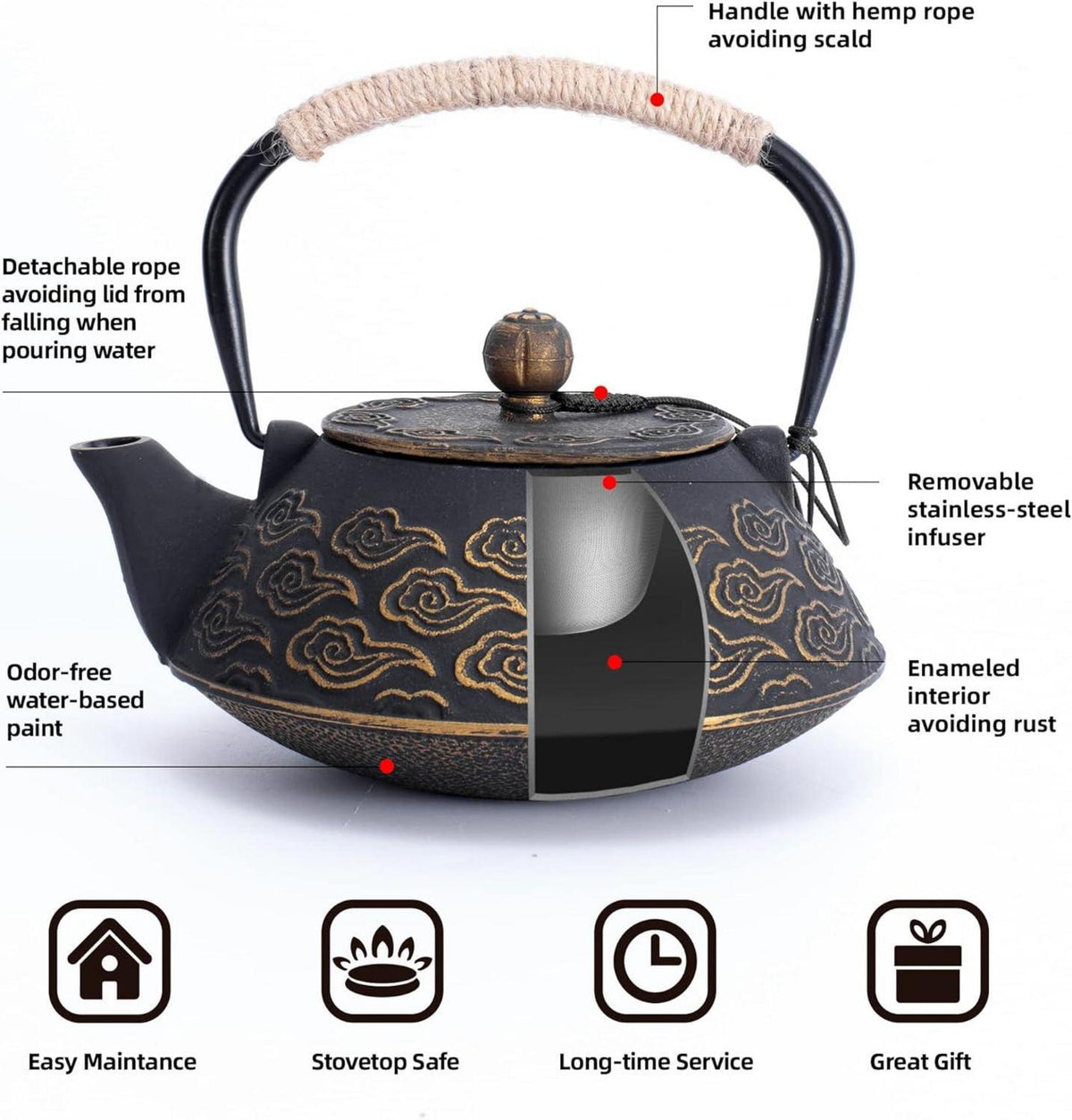 Gusseisen Teekanne 800ml Japanisches Design mit Infuser | Emailliertes Inneres