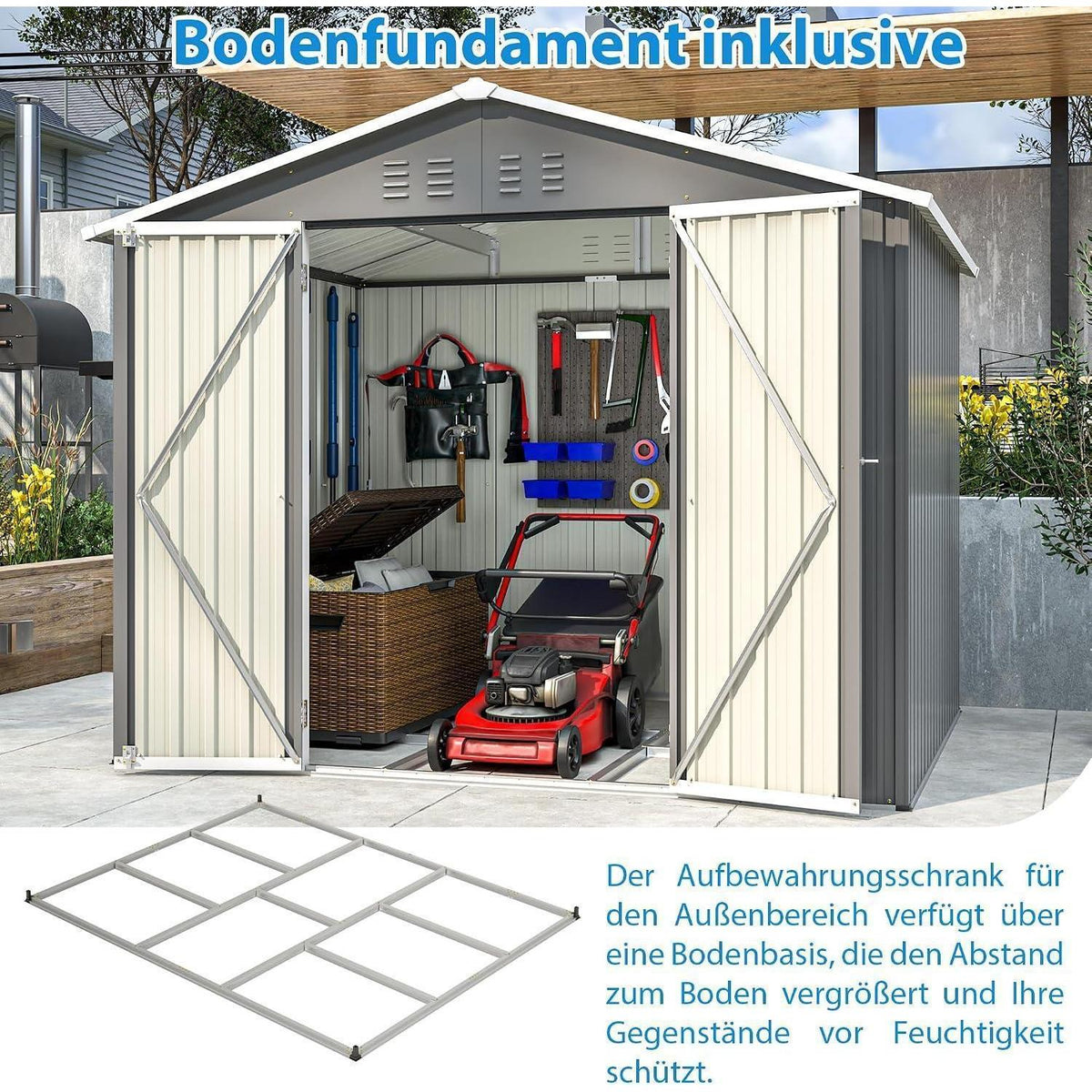 Gerätehaus 8x6ft Metall mit Fundamentrahmen & Satteldach