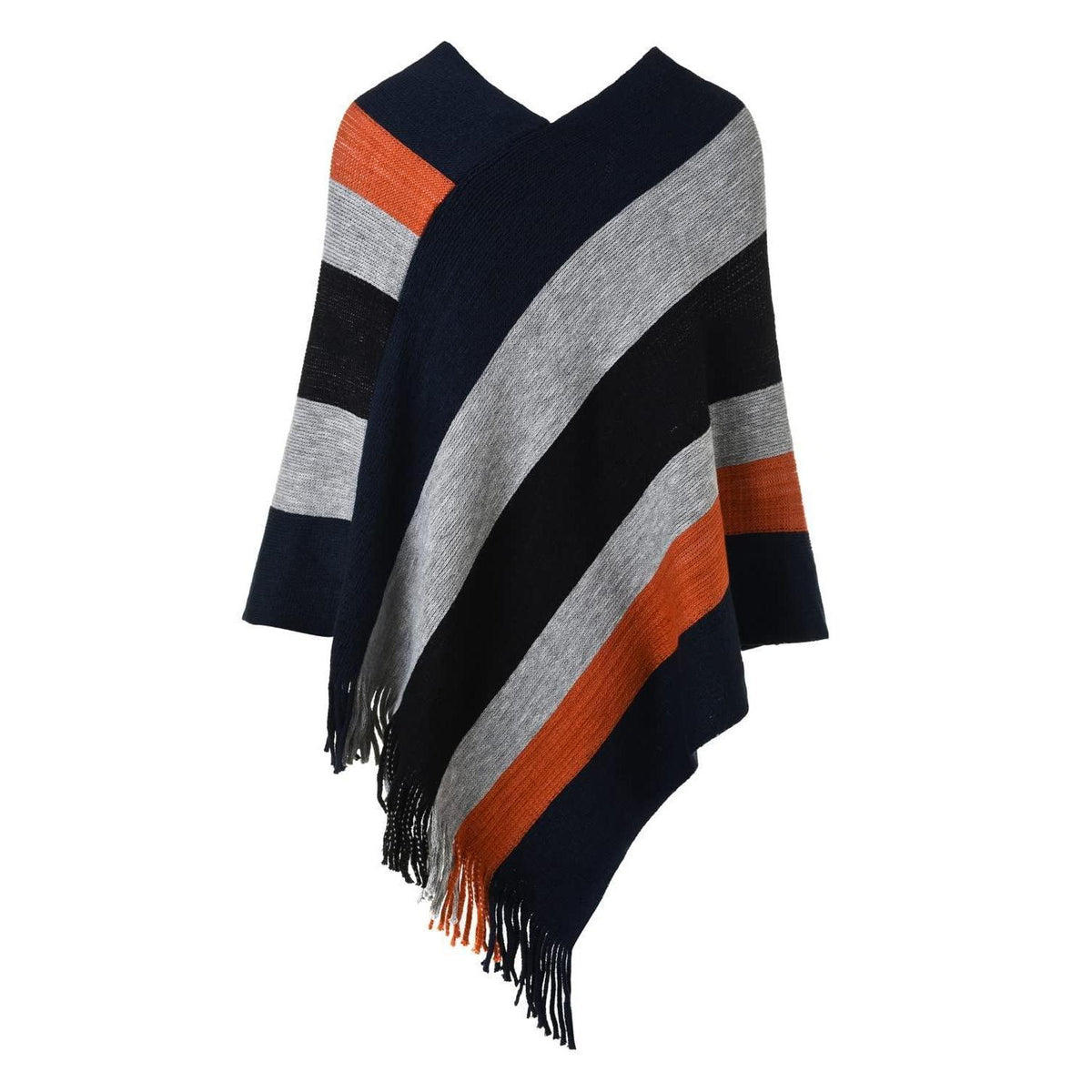 Damen Poncho Pullover mit Fransen, marineblau & schwarz