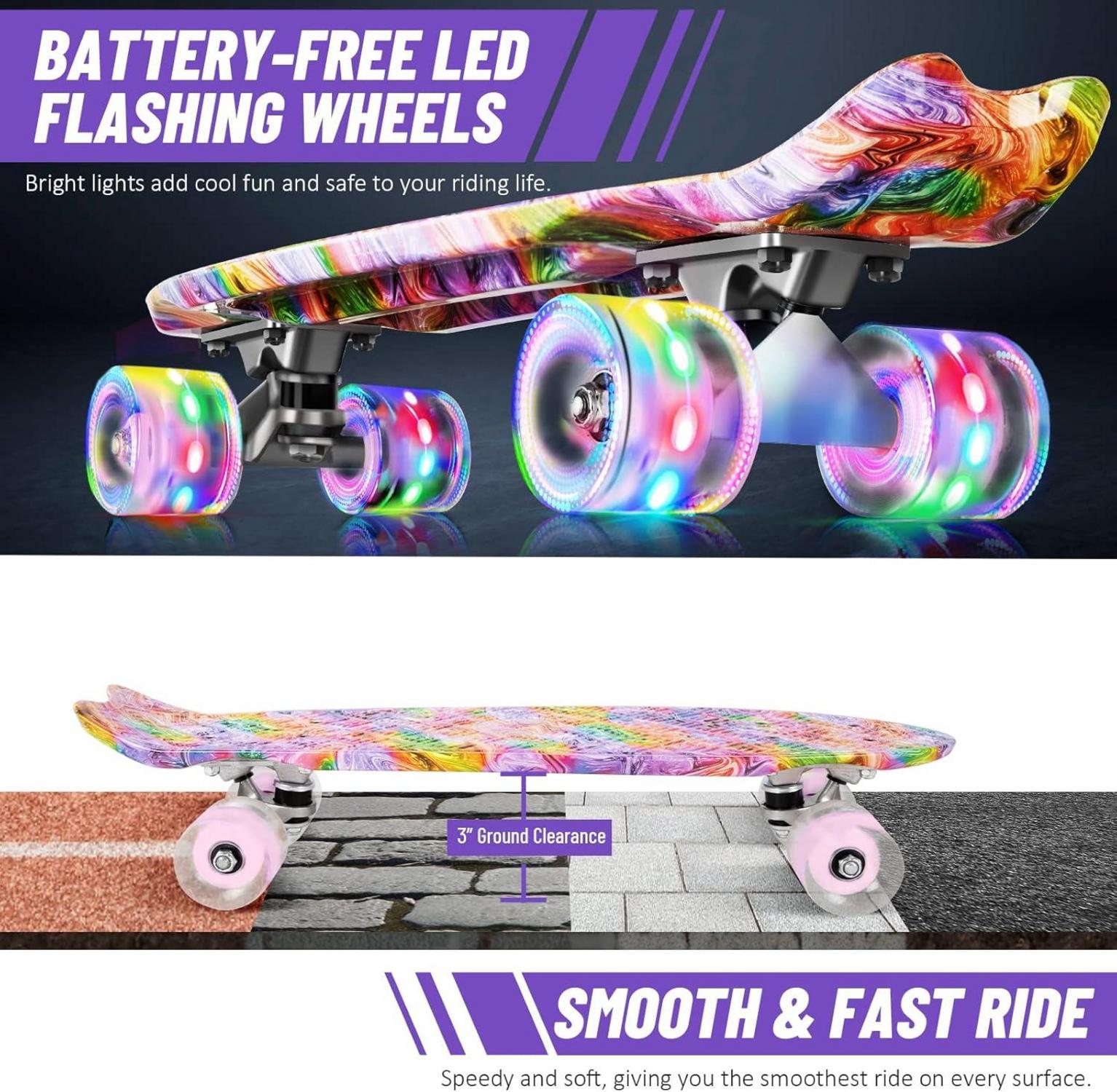 BELEEV Skateboard Komplett 22 Zoll Mini Cruiser LED