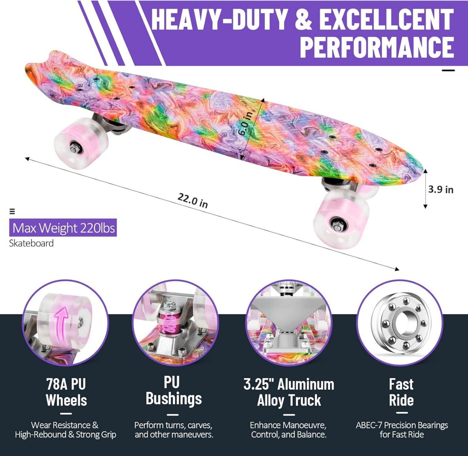 22 Zoll Mini Cruiser Skateboard Komplett mit LED Leuchtrollen & T-Tool