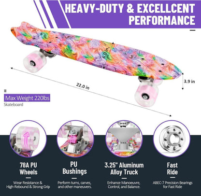 22 Zoll Mini Cruiser Skateboard Komplett mit LED Leuchtrollen & T-Tool