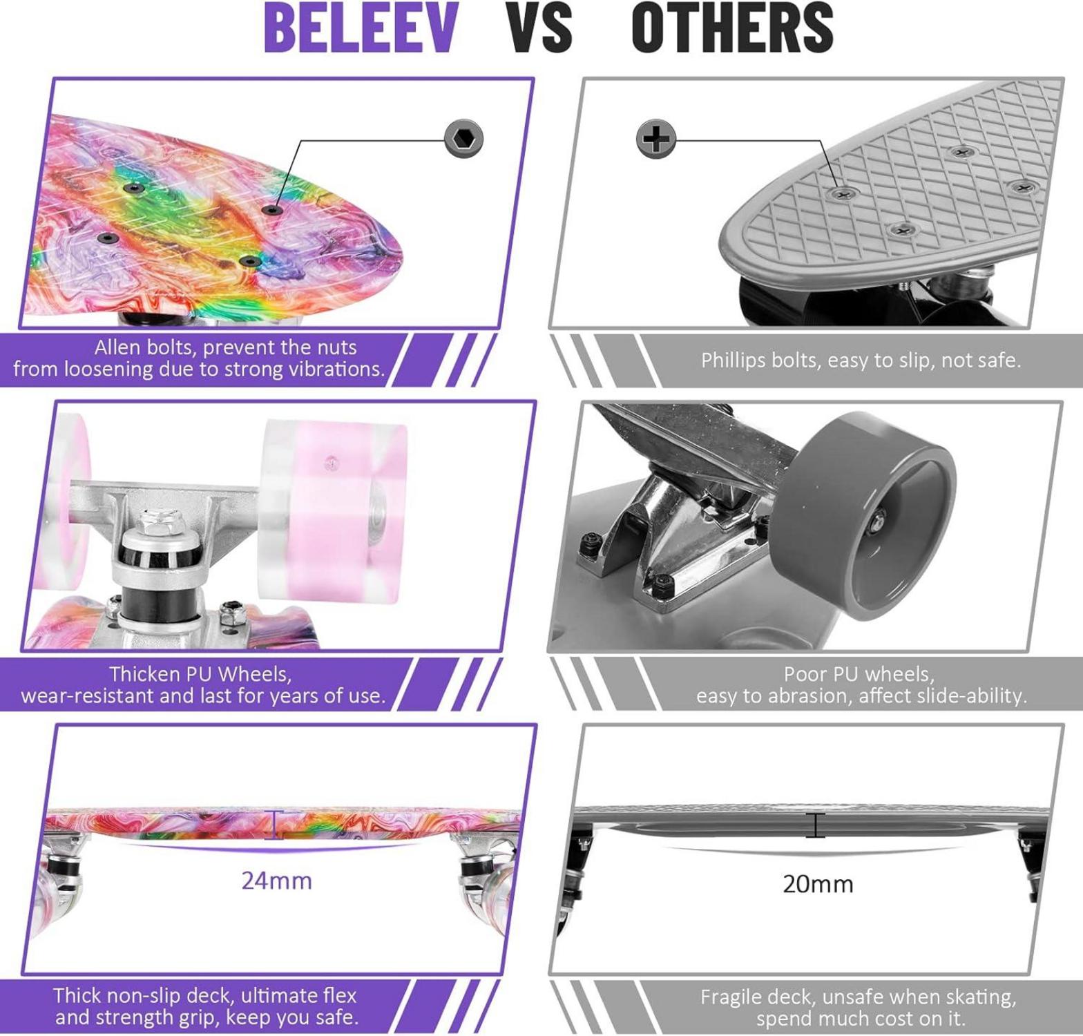 BELEEV Skateboard Mini Cruiser 22 Zoll LED Leuchtrollen All-in-one Skate T-Tool