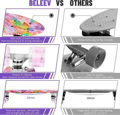 BELEEV Skateboard Mini Cruiser 22 Zoll LED Leuchtrollen All-in-one Skate T-Tool