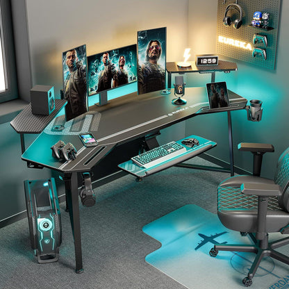EUREKA ERGONOMIC Gaming Tisch LED 182x76cm PC Computertisch Flügelform Monitorständer LED-Leuchten