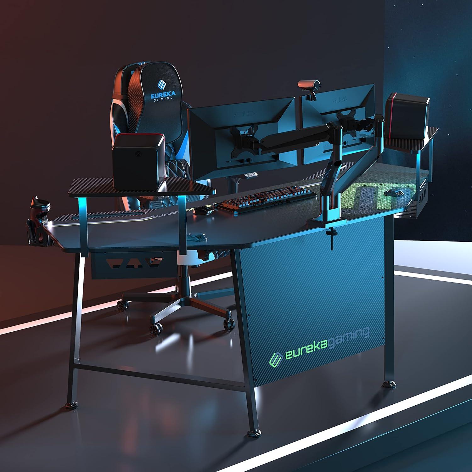EUREKA ERGONOMIC Gaming Tisch LED 182x76cm PC Computertisch Flügelform Monitorständer LED-Leuchten