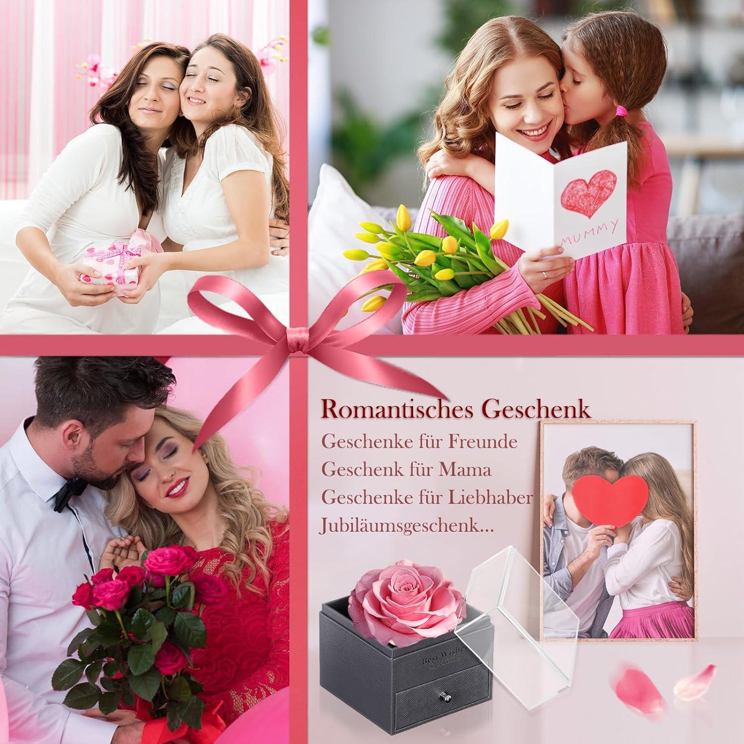Ewige Rose Infinity Rosen mit Kette und Geschenkbox - Rosa Rose für Frauen am Muttertag, Valentinstag, Geburtstag