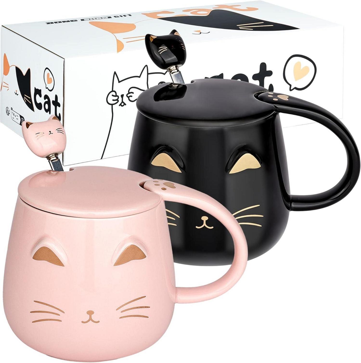 Süßes Katzenbecher 2er-Set mit Deckel und Löffel 450ML Schwarz-Rosa