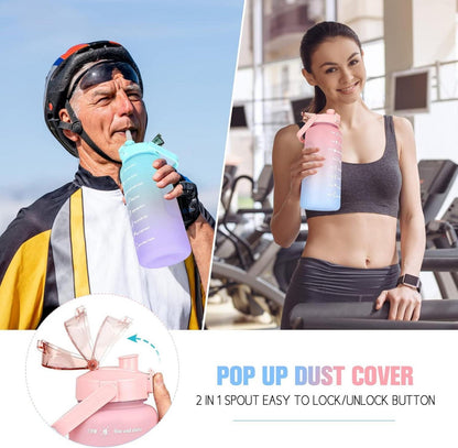 Trinkflasche 2L mit Zeitmarkierung und Strohhalm, BPA-frei, Auslaufsicher, Motivations Wasserflasche