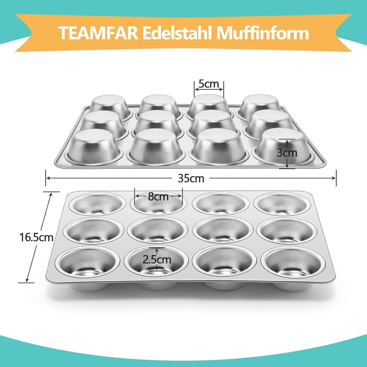 Edelstahl Muffinform 12-Loch für Muffins, Cupcakes & Brownies