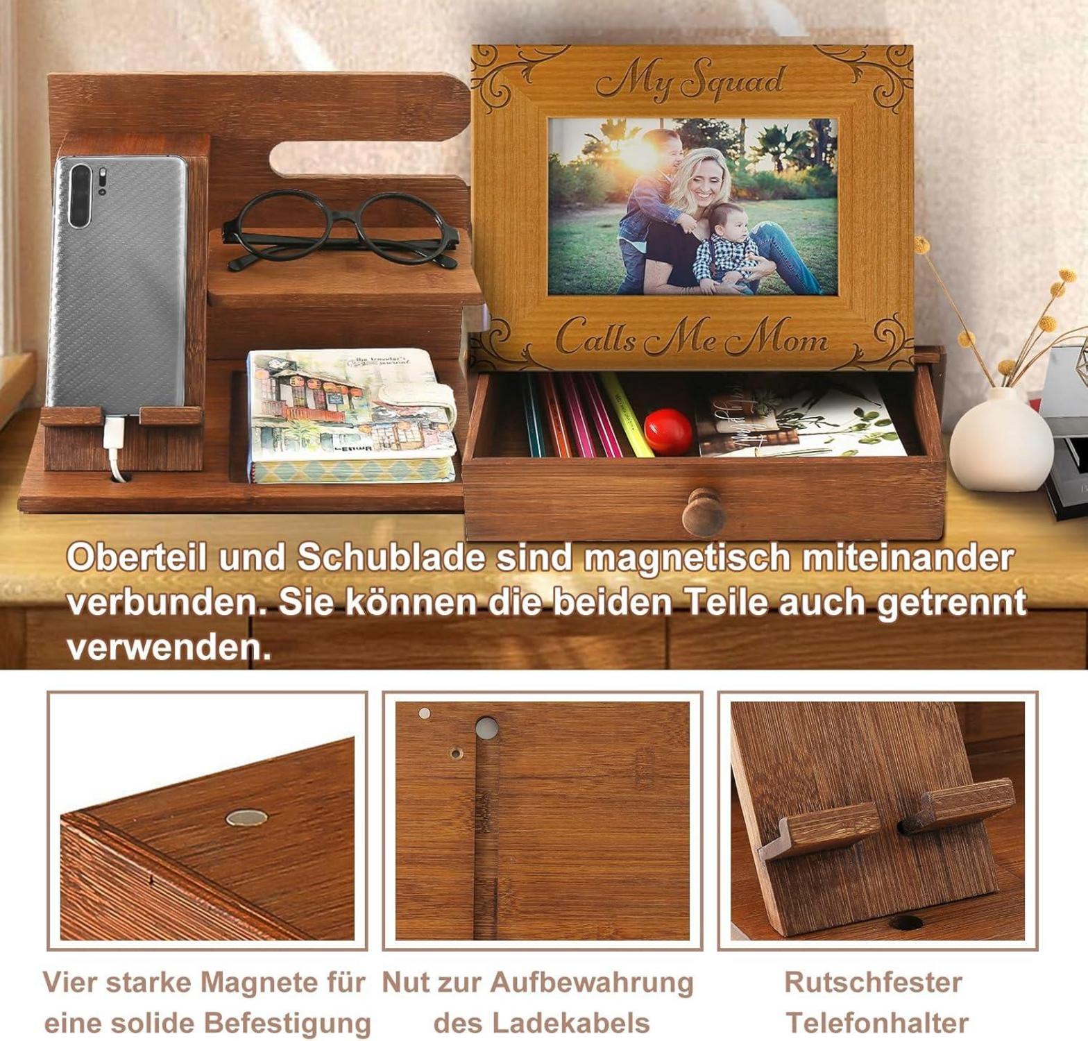 Telefon Dockingstation Bambus Organizer mit Schublade