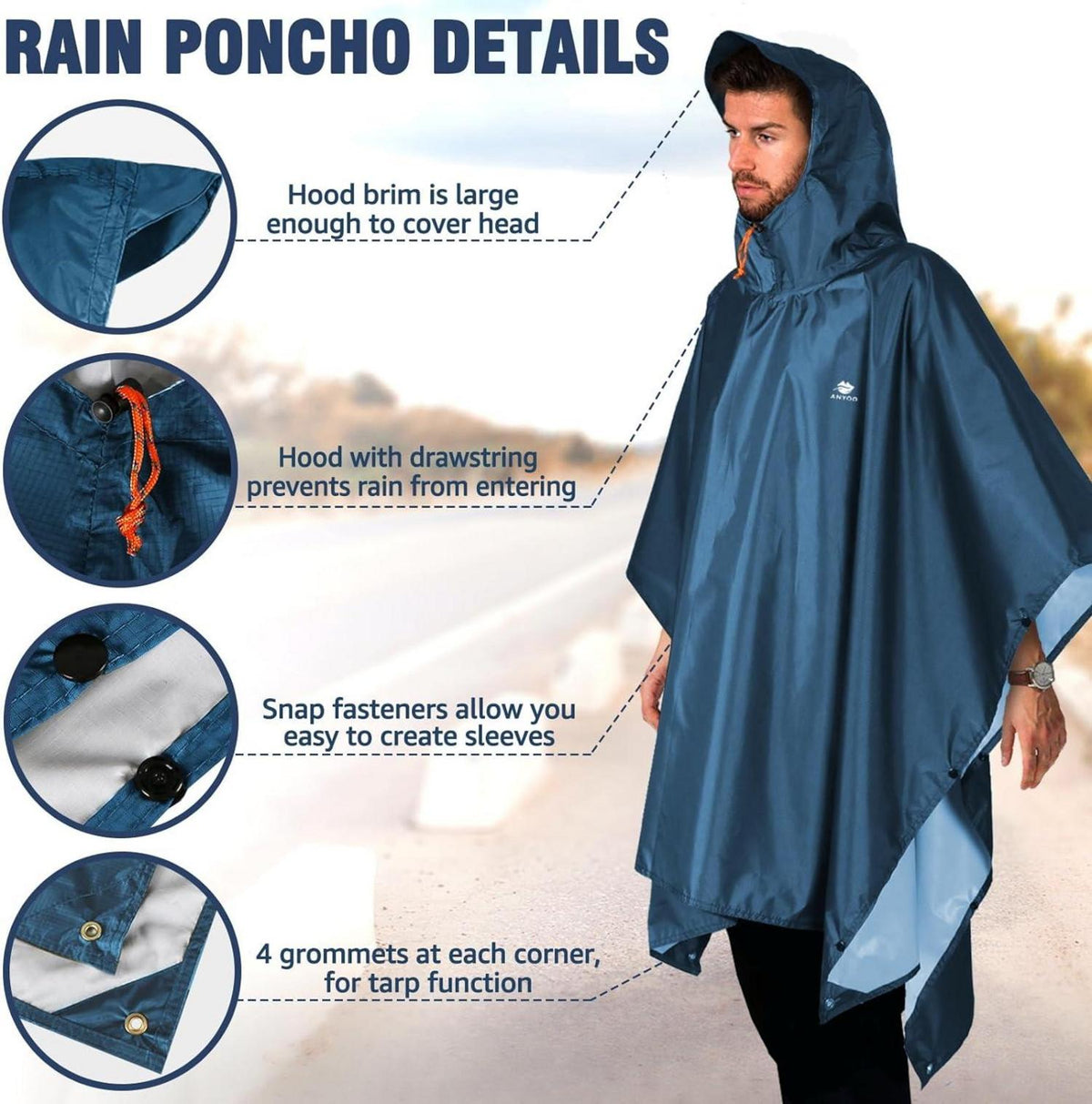 Leichter Wasserdichter Ripstop Regenponcho Kapuze Multifunktional