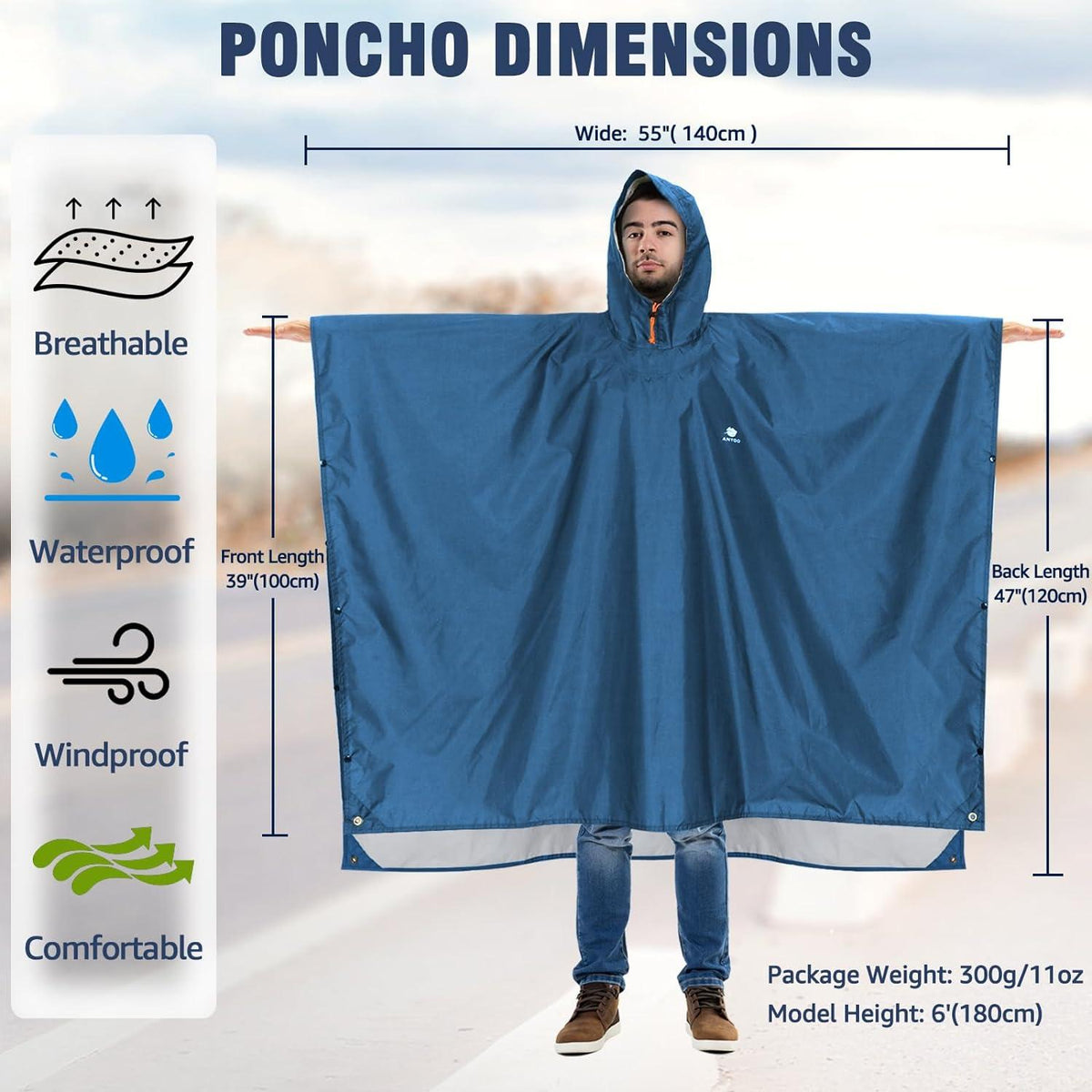 ANYOO Leichter Wasserdichter Regenponcho mit Kapuze und Druckknöpfen - Einheitsgröße Marineblau