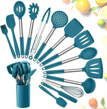 15-teiliges Silikon Küchenhelfer Set mit Edelstahlgriff, Blau