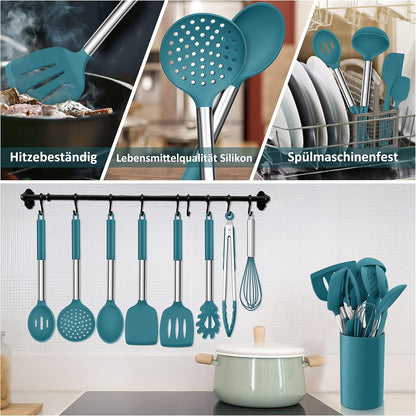 Küchenutensilien Set 15-teilig Silikon Antihaft Hitzebeständig Edelstahl Blau