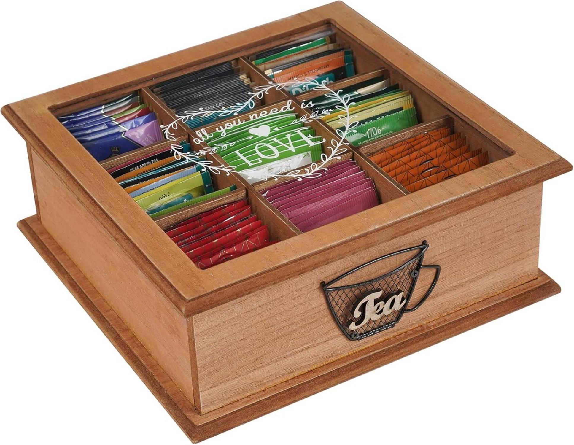 Teebox aus Holz mit 9 Trennfächern und Glas Sichtfenster