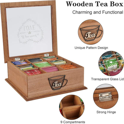 Teebox aus Holz 9 Fächer Teebeutelbox Tee Aufbewahrungsbox mit Glasdeckel