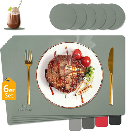 Abwaschbare Leder Tischsets 6er Set Platzdeckchen Salbeigrün