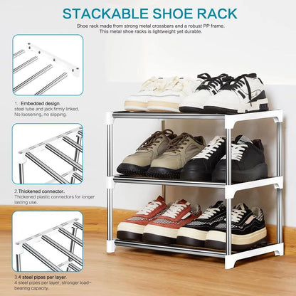 Schuhregal 3 Ebenen Weiß Metall Organizer Stapelbar 6 Paar