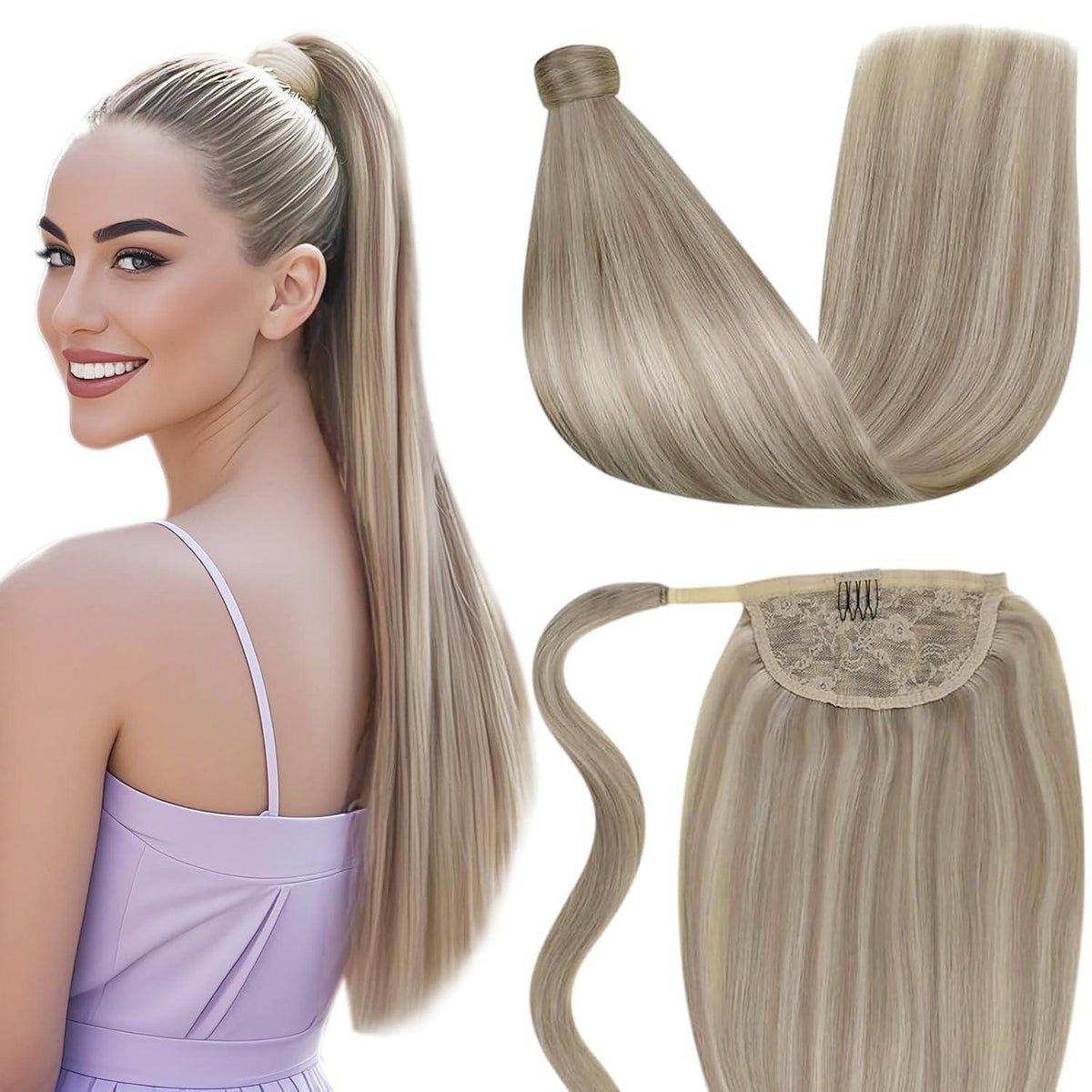 Echthaar Pferdeschwanz Zopf Blond Highlights 35cm
