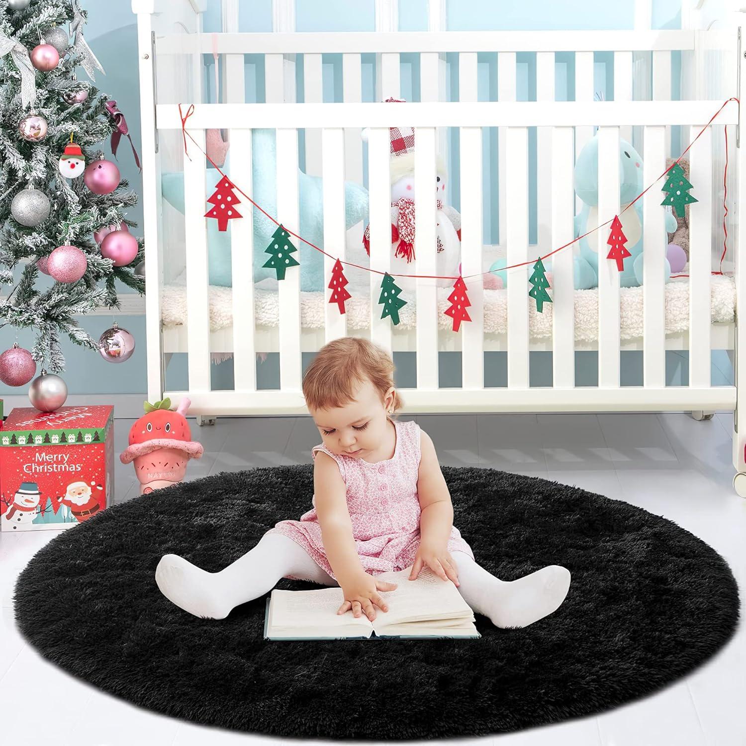 ROHATIM Hochflor Teppich Rund Schwarz Fluffy 100x100cm
