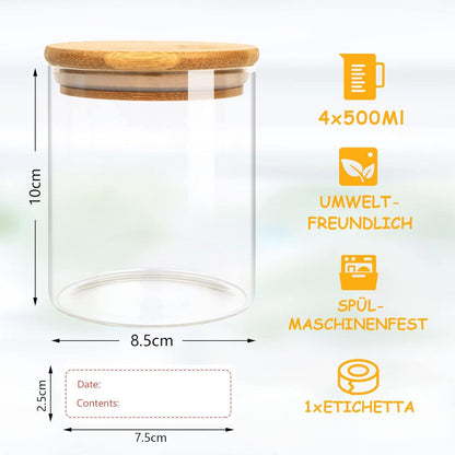 Vorratsdosen Glas 4er Set 500ml mit Bambusdeckel - Luftdicht