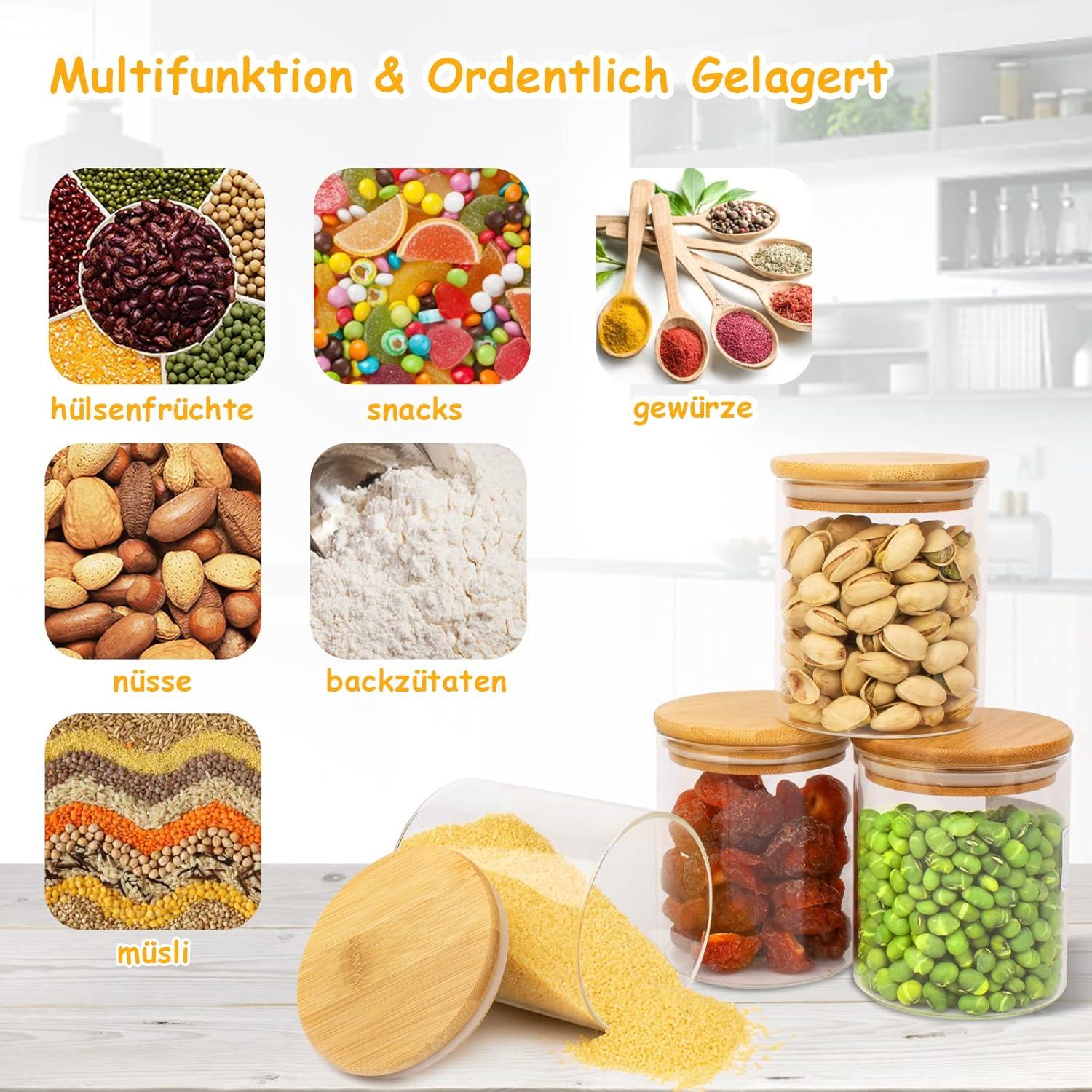 Glas Vorratsdosen 4er Set 500ml Bambusdeckel Etiketten Borosilikatglas