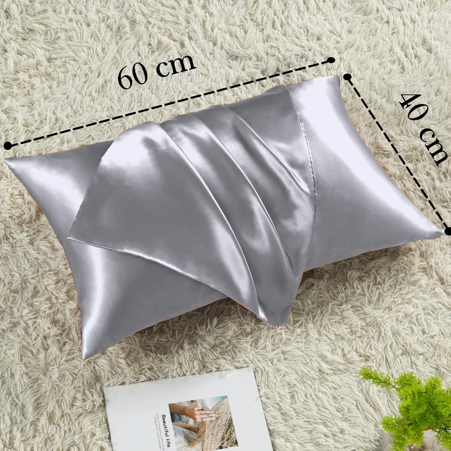 Satin Kissenbezug 40x60 Grau 2er-Set mit Haargummis, Seidenähnlich, Maschinenwaschbar