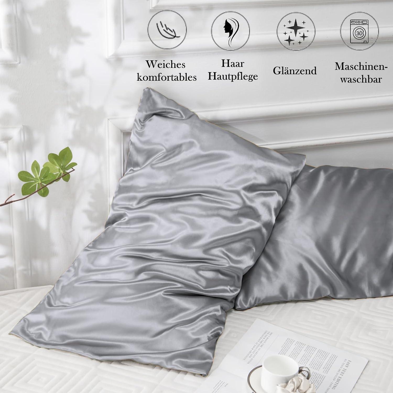 Satin Kissenbezüge 40x60 Grau 2er-Set, Weich & Pflegeleicht, inkl. Haargummis