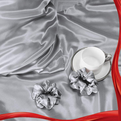 Satin Kissenbezug 40x60 Grau 2er-Set mit Haargummis, Haut- und