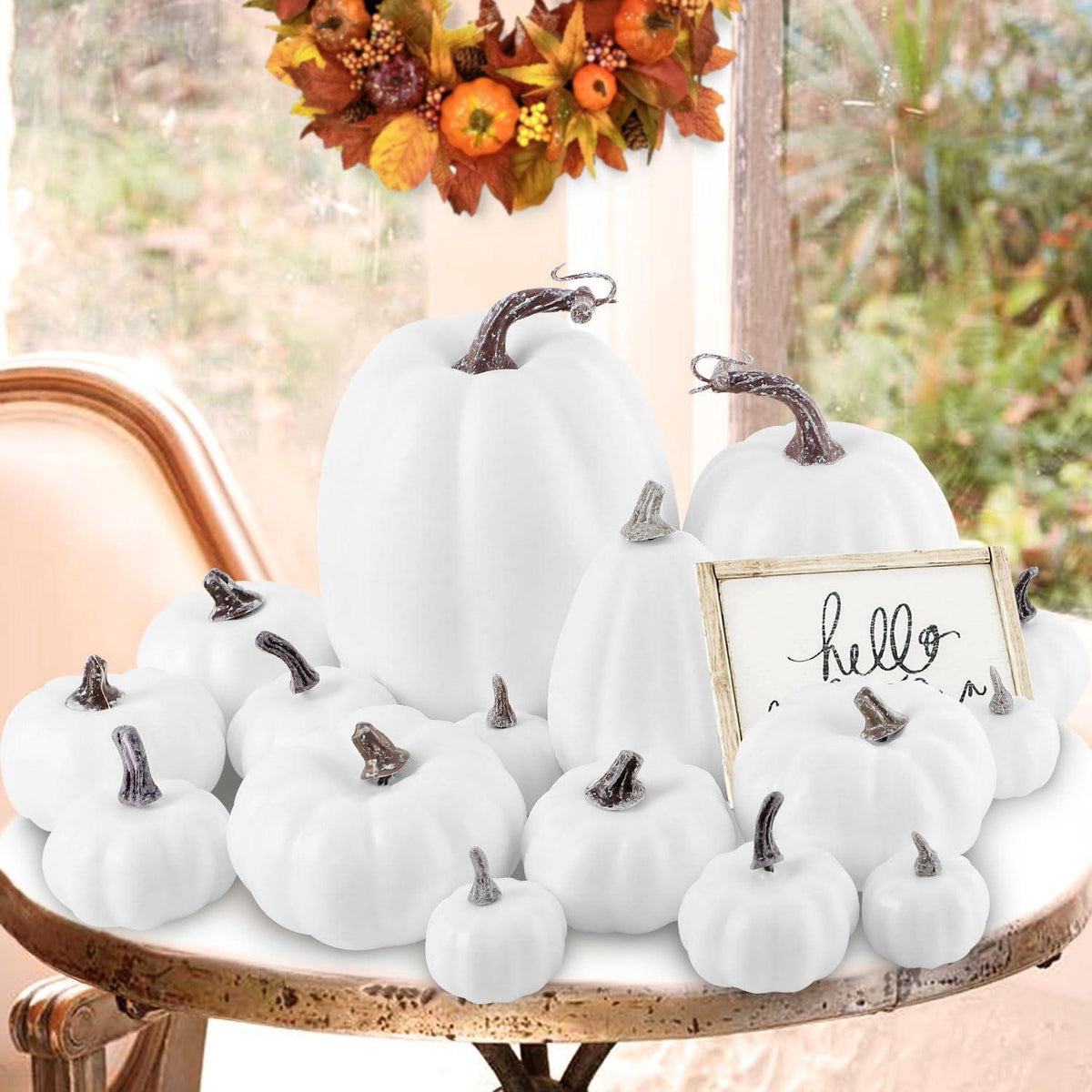 Künstliche weiß Mini Kürbisse Set Herbstdeko Halloween 16 Stück