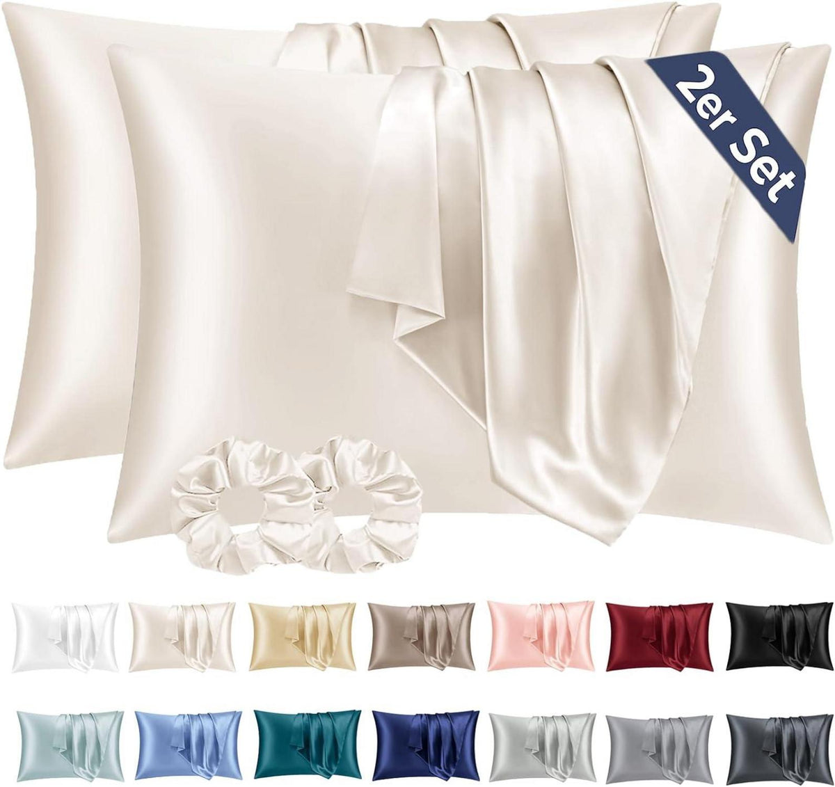 Satin Kissenbezüge 40x60 Beige mit Haargummis, Pflege für Haut & Haar