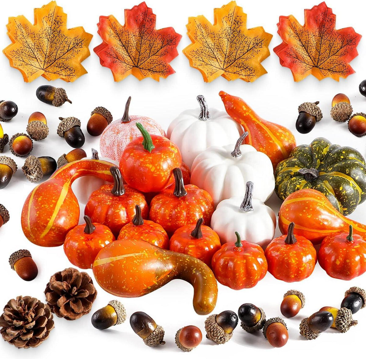 Künstliche Kürbis Herbstdeko Innen 102 Teile – Kürbisse Eicheln Ahornblätter Tannenzapfen Halloween Thanksgiving