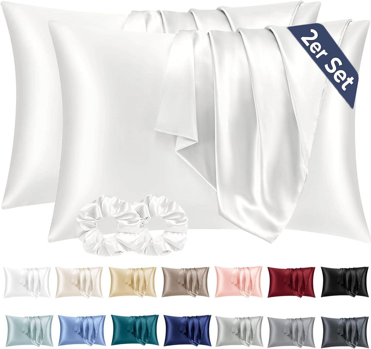 Satin Kissenbezug 40x60 Set mit Haargummis, Ivory